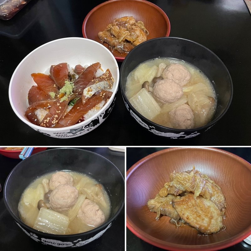 漬け丼＋だんご汁＋カツオ南蛮漬け(自宅)