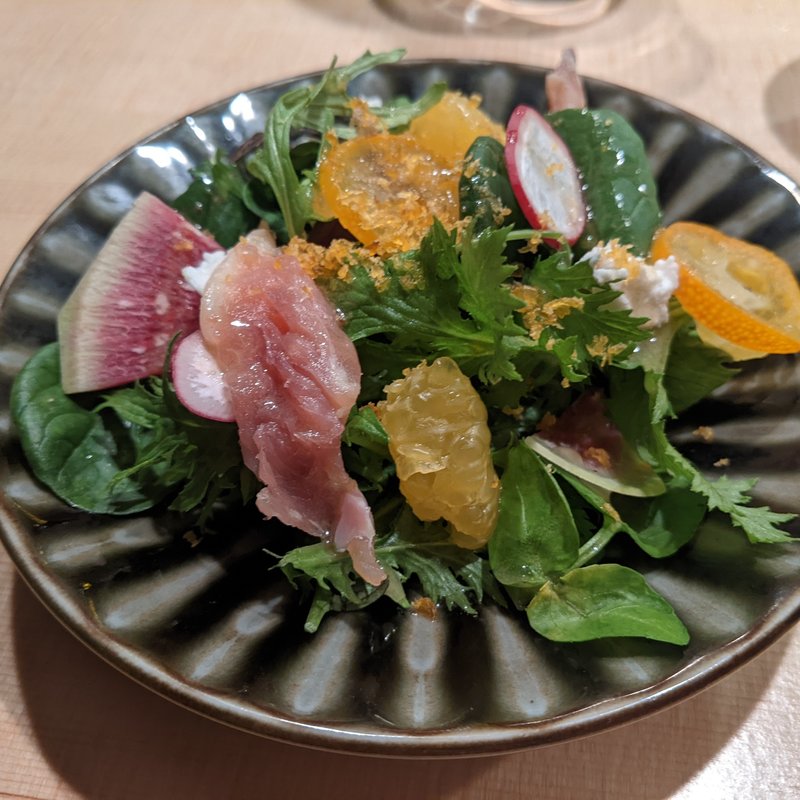 鳥ハム・きんかんからすみのサラダ(焼鳥山もと 阿佐ヶ谷cellar)
