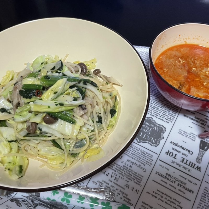 塩パスタ＋カルビスープ風(自宅)