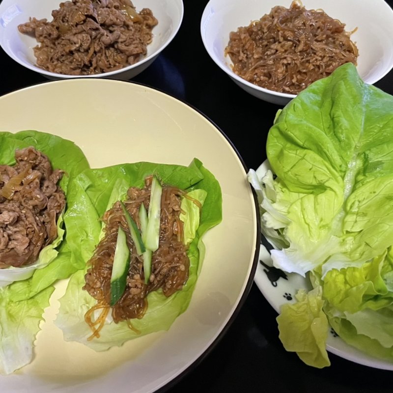 牛肉焼き&麻婆春雨のサラダ菜巻(自宅)