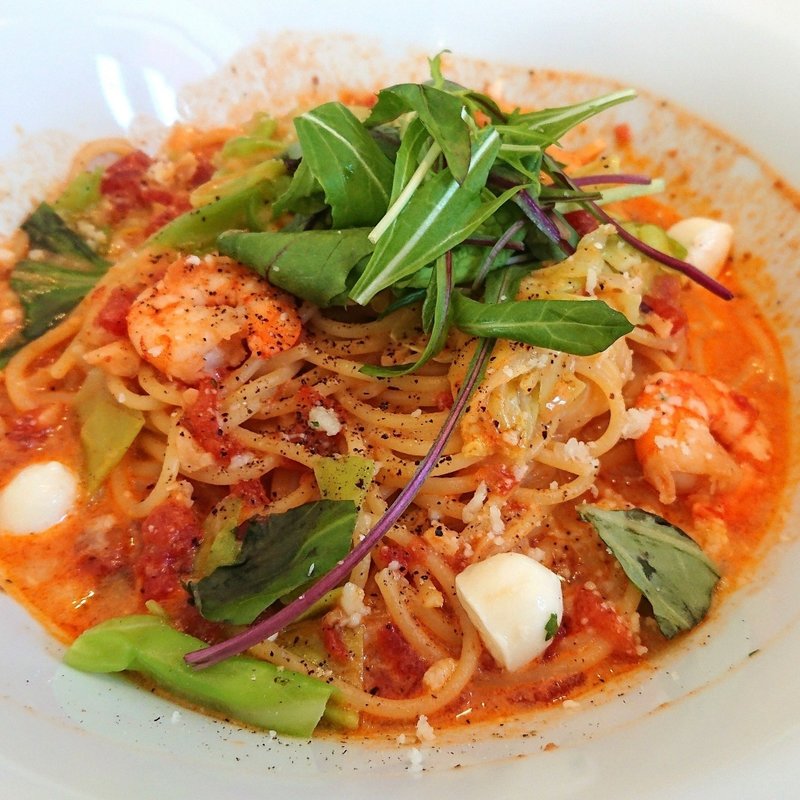 海老とモッツァレラのトマトクリームスープ(洋麺屋五右衛門 港北店)