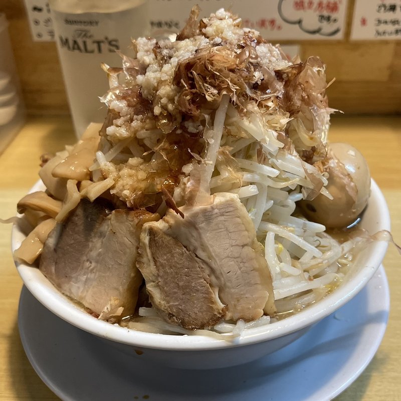 ラーメン小、メンマ、野菜増し、カツオバカ増し(笑福○わ)