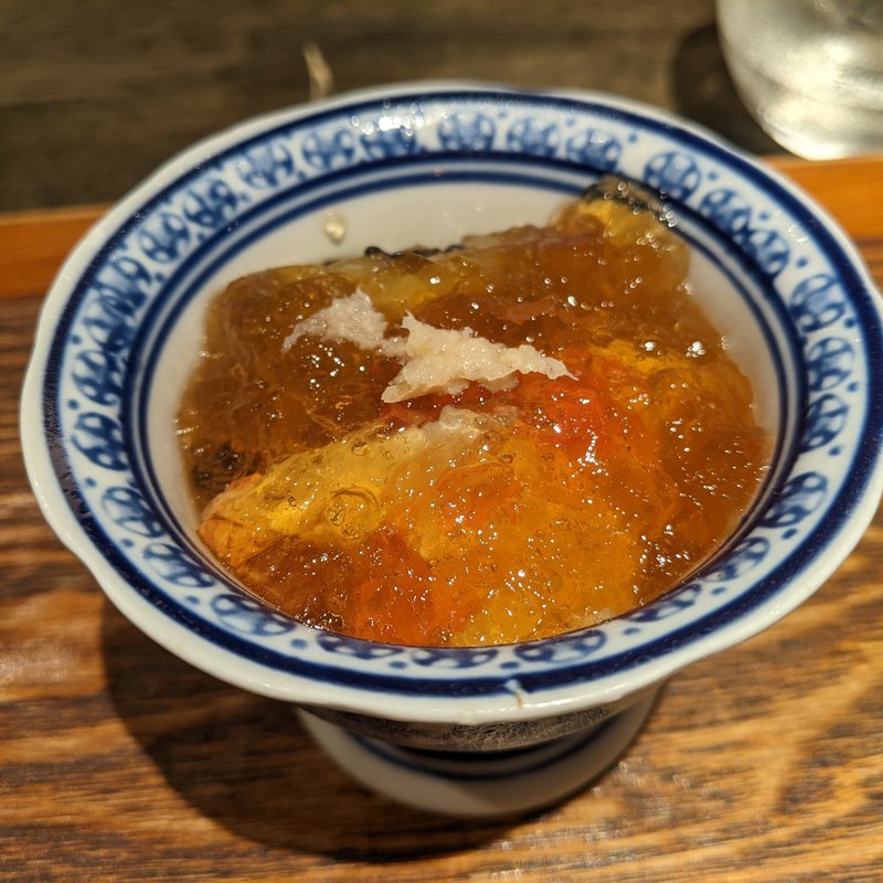 焼きナス、タラバガニ(松陰鶴水)