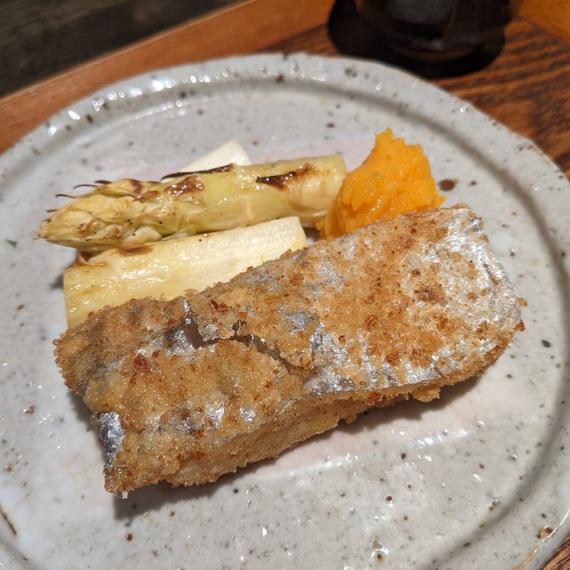 太刀魚・ホワイトアスパラ黄身酢(松陰鶴水)