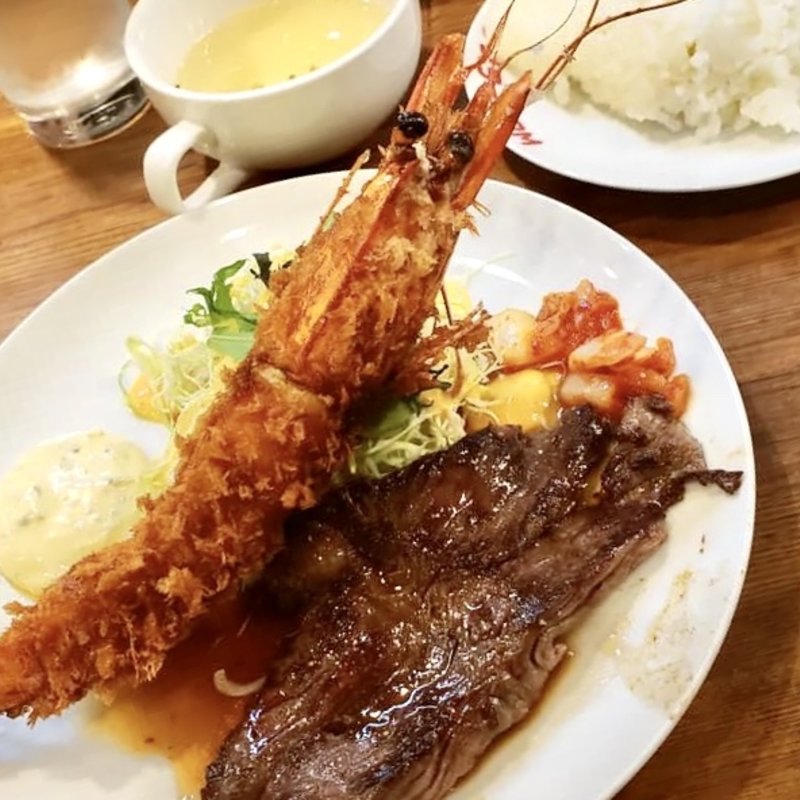 ビーフステーキ&特大海老フライセット(ステーキ3M)