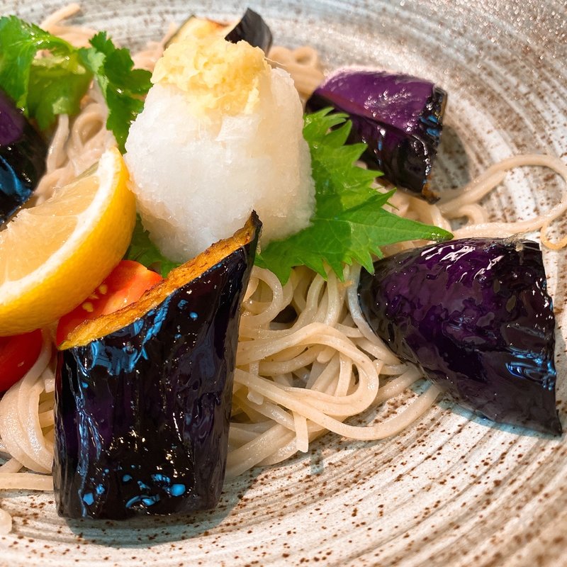 冷し揚げなすそば(信濃)