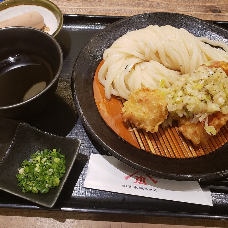 ネギ塩たれの鶏天ざる(山下本気うどん)