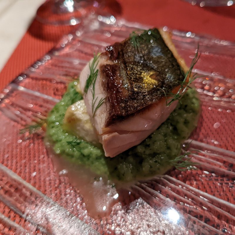 縞鯵片面焼き　水茄子　ガスパチョヴェルデ(オステリア・アウストロ （Osteria Austro）)