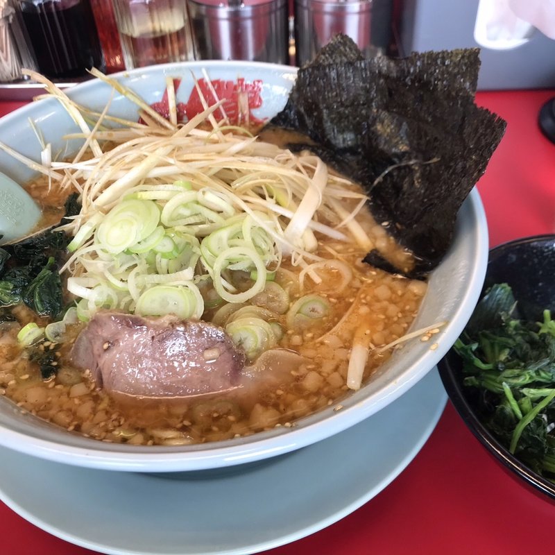 特製味噌ラーメン　中盛り　白髪ネギ、ほうれん草トッピング(ラーメン山岡家　新潟白根大通店)