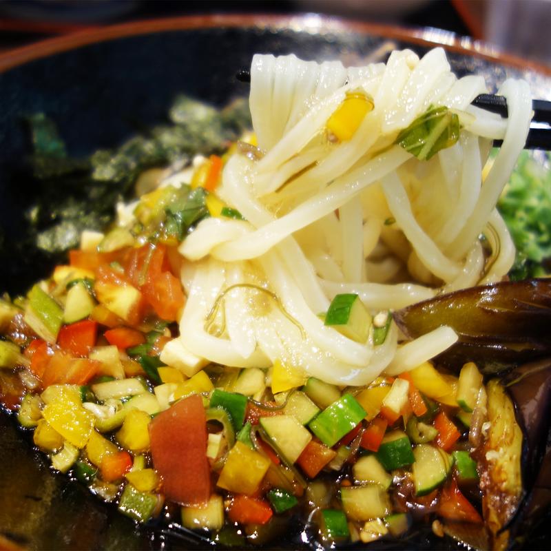 ごろごろ夏野菜の山形だし 揚げなすのぶっかけうどん(冷)(豊前裏打会 萬田うどん)