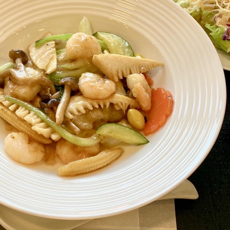 海鮮炒めセット(エビ・白身魚)(中国料理 橘屋 柏原店)