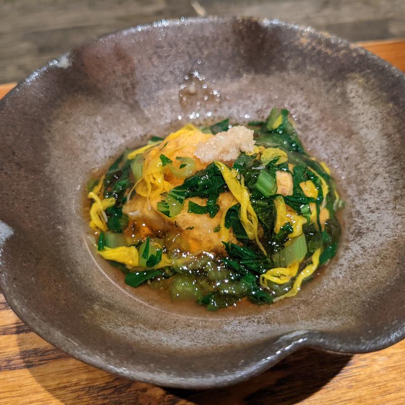 焼きナス・生ウニ・菊と小松のあんかけ(松陰鶴水)