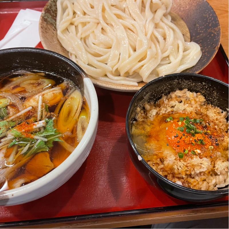 肉汁つけうどん＋卵かけ麦ご飯(武蔵野うどん 竹國 飯田橋店)