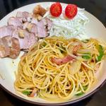 ワンプレート:カレーパスタ+煮豚(自宅)