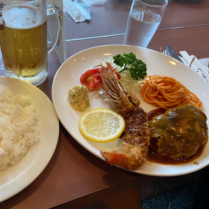 えびフライとハンバーグチーズ焼きのセット(キッチンきく)