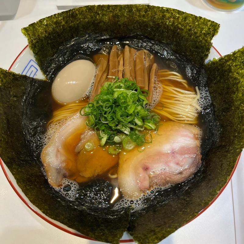 温製イリコそば②醤油味玉アローカナロング海苔トッピング(上方レインボー)