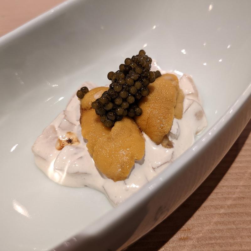 ホタテ生クリーム和え、ウニ、キャビア(おぶね )