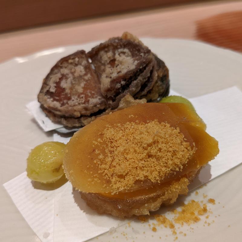 小アワビ唐揚げ、銀杏、じゃがいも天ぷら(おぶね )