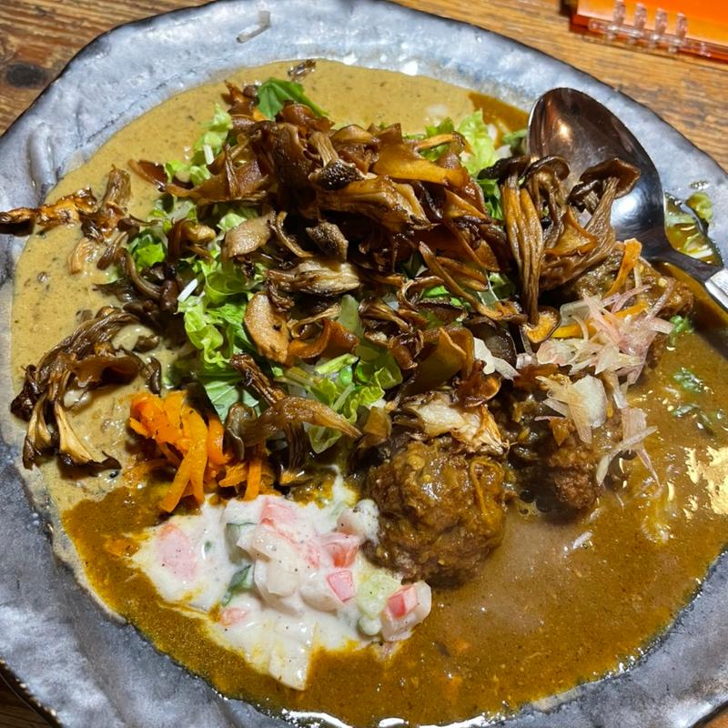 親鶏のコフタカレーとポルチーニと茸のあいがけカレー(さぼてん食堂 )