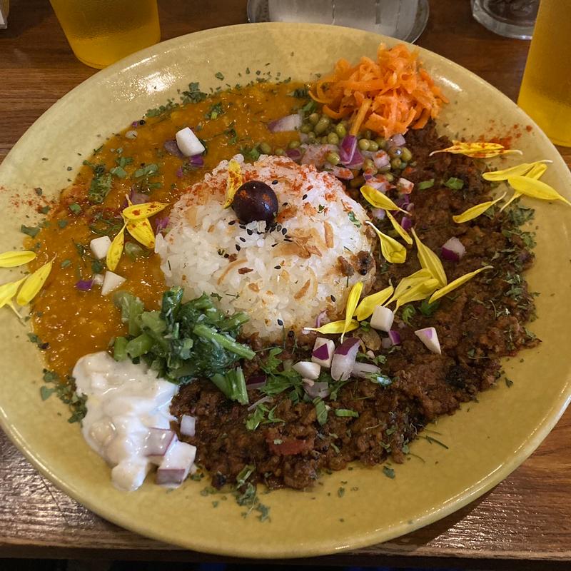 合挽肉のスパイシー焦がしキーマ+2種豆と季節野菜のポタージュカレー(カレーの惑星)