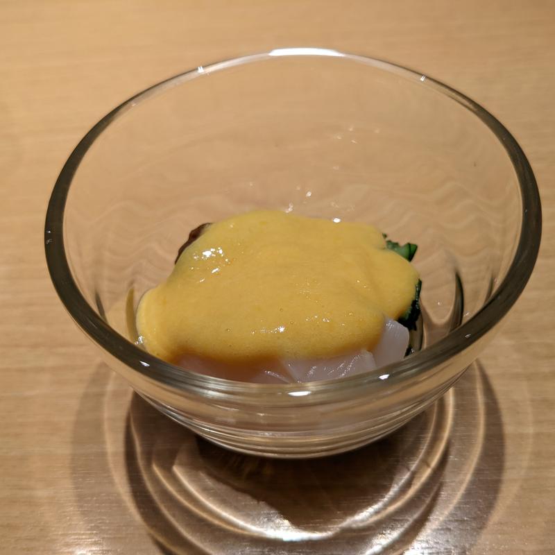 ホタテ・大徳寺麩・ジャバラキュウリの黄身酢かけ(みこころや )