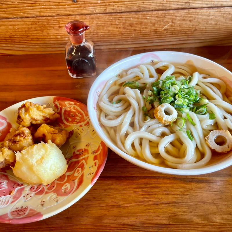 かけうどん中＆とり天、半熟卵天(三好うどん)