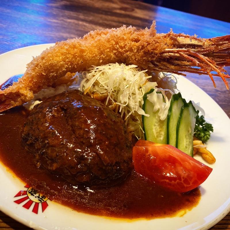 ハンバーグ＆エビフライ ライス付き(ステーキハウスラジャ 634＆武蔵の国鴨方店)