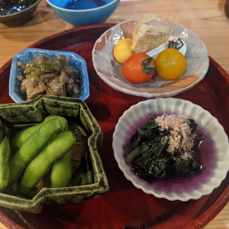 枝豆、ほおずき・トマト、マッシュルーム・ピーマン炒め、金時草(きたぽん酒)