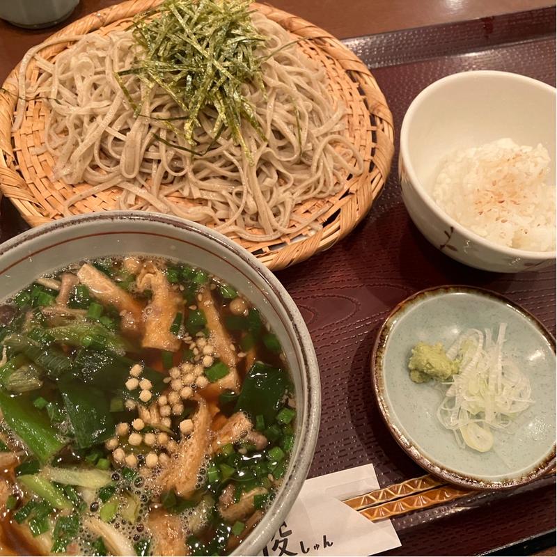 九条ねぎと蔵王産ブランド合鴨そぼろと木の子、ニラのたっぷりつけ汁せいろ(手打ちそば 俊)