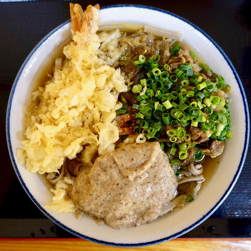 山かけそば+海老天+肉具(あずまの 伊集院本店 )