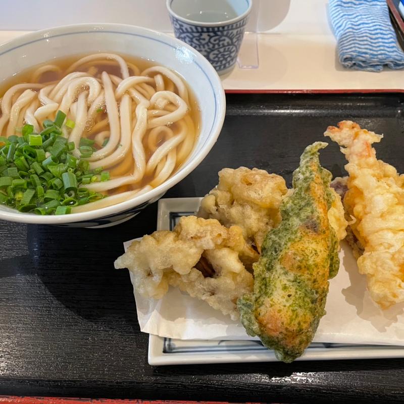 かけうどん＋天ぷら5点盛り(手打うどん 長谷沼)