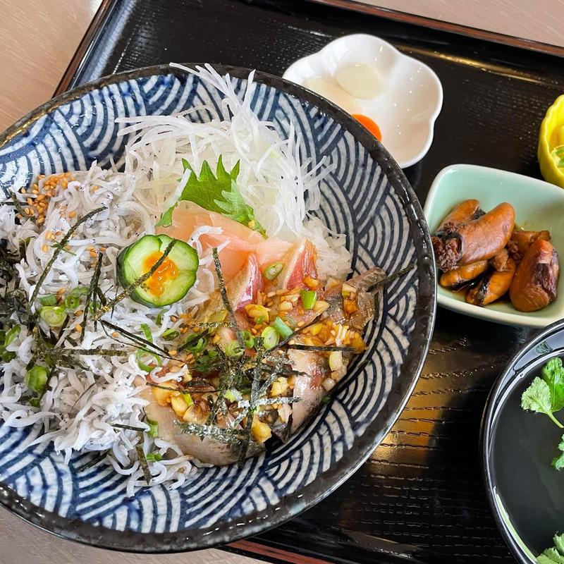 アジの漬けとしらすの親子丼(しらす亭)