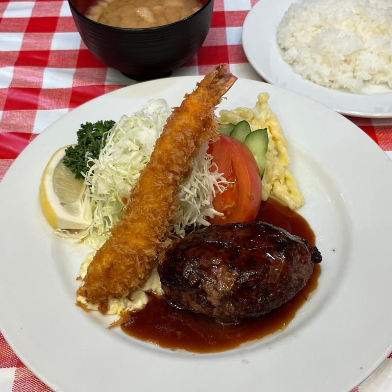 昔風ハンバーグ&エビフライ(洋食 大吉)