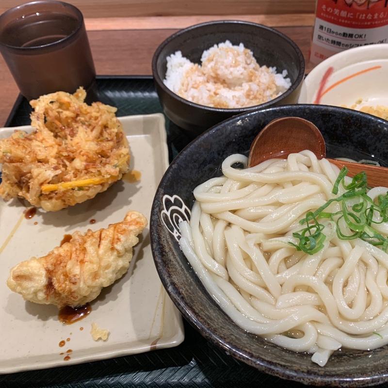 かけ(中)かき揚げかしわ天ライス小(はなまるうどん吉祥寺南口店)