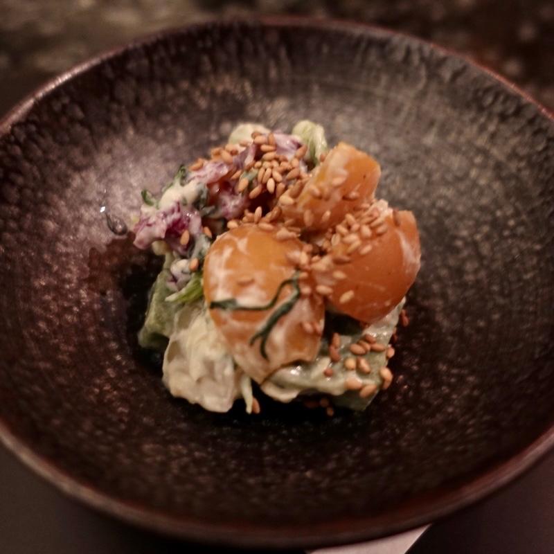 白菜と春菊、蓬麩、金柑の白和え(石の蔵)