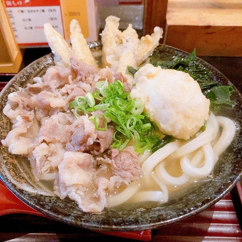牛ごぼう天うどん・半熟玉子の天ぷら(美の庵)