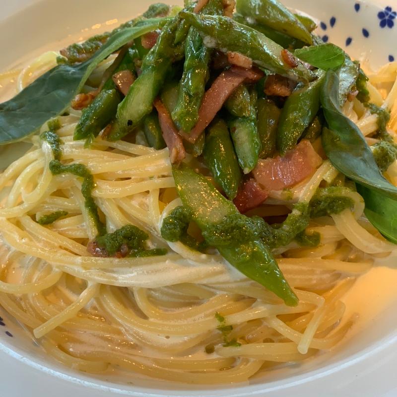 アスパラとベーコンのジェノベーゼクリーム(洋麺屋 五右衛門 アクアシティお台場)