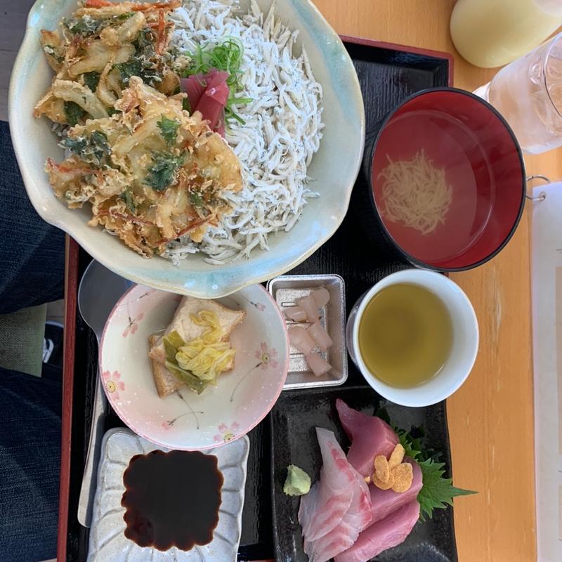 釜揚げちりめん丼プラスかき揚げセットお刺身付き(安芸しらす食堂)