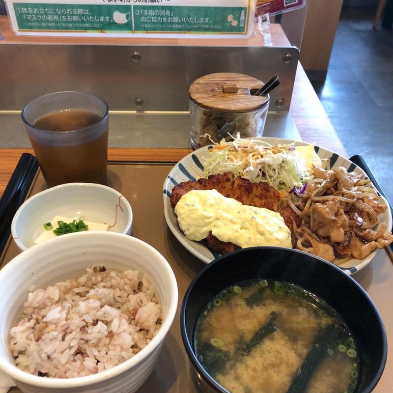 チキン南蛮としょうが焼の人気トリオ定食(やよい軒 フレスポ恵み野店)