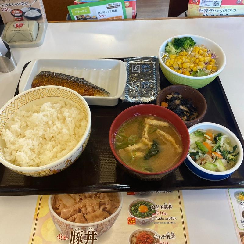 さば朝食、お新香、サラダ(すき家 足立一ツ家店 )