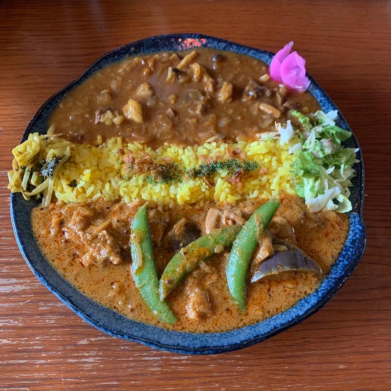 牛すじときのこのカレーとレッドチキンカレーの合いがけ(Satya)