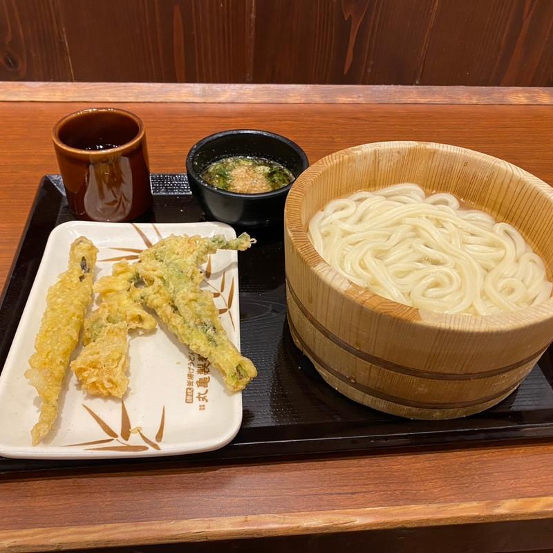 釜揚げうどん　菜花の天ぷら　子持ちししゃもの天ぷら(丸亀製麺宝塚)