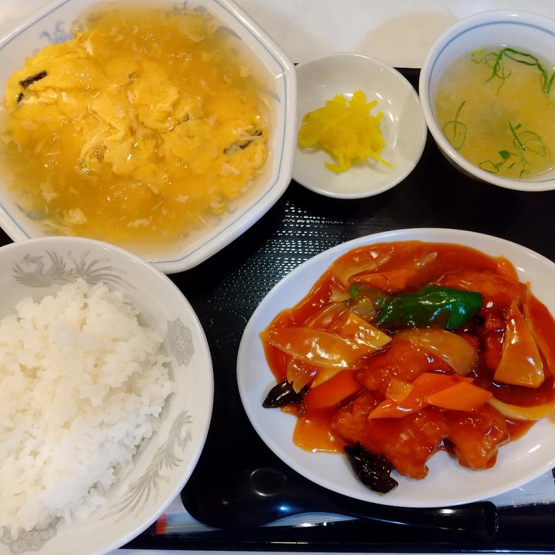 中華セット(酢豚、ミニフヨーハイ、スープ、ライス)(垂水園)