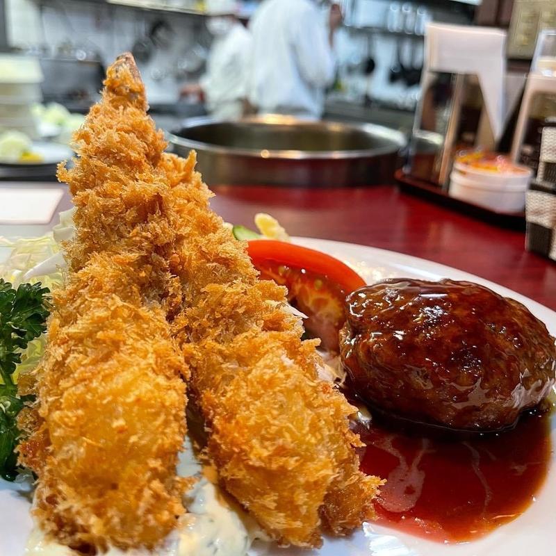 ハンバーグ エビフライ定食(洋食 大吉)