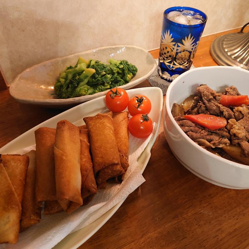 春巻き、菜の花の辛子和え、牛牛蒡煮(おうちごはん)