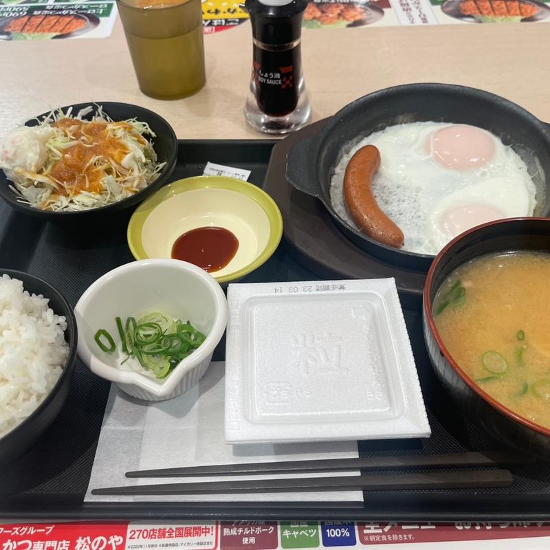 ソーセージエッグ定食 とん汁変更(松のや 鹿児島宇宿店)