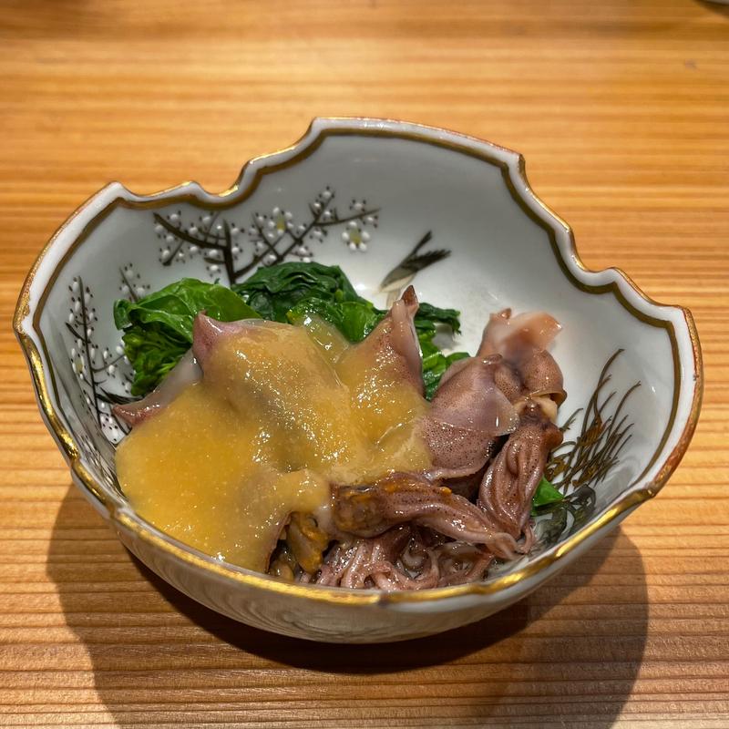 ホタルイカと菜の花の酢味噌合え(鴨しゃぶ粋玄)