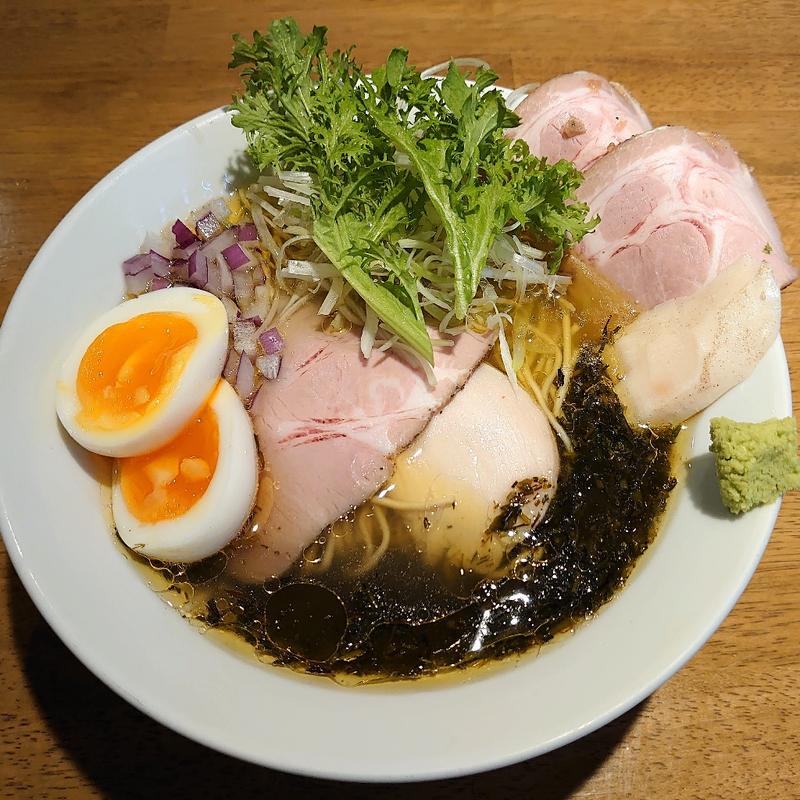 アカモクと山葵の鶏塩そば＋WBC優勝記念トッピング(麺酒 一照庵)