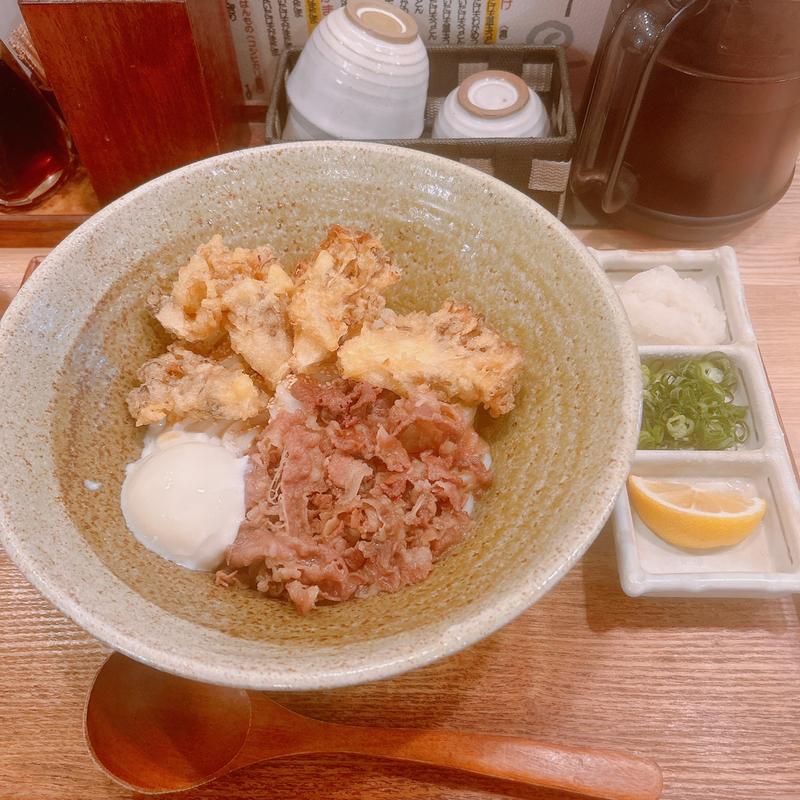 肉まいたけ天温玉生じょうゆ(踊るうどん 滝井本店)