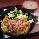 春の三色丼 ミニ豚汁セット(大衆食堂 半田屋 北上金ケ崎ハイウェイ食堂（下り)